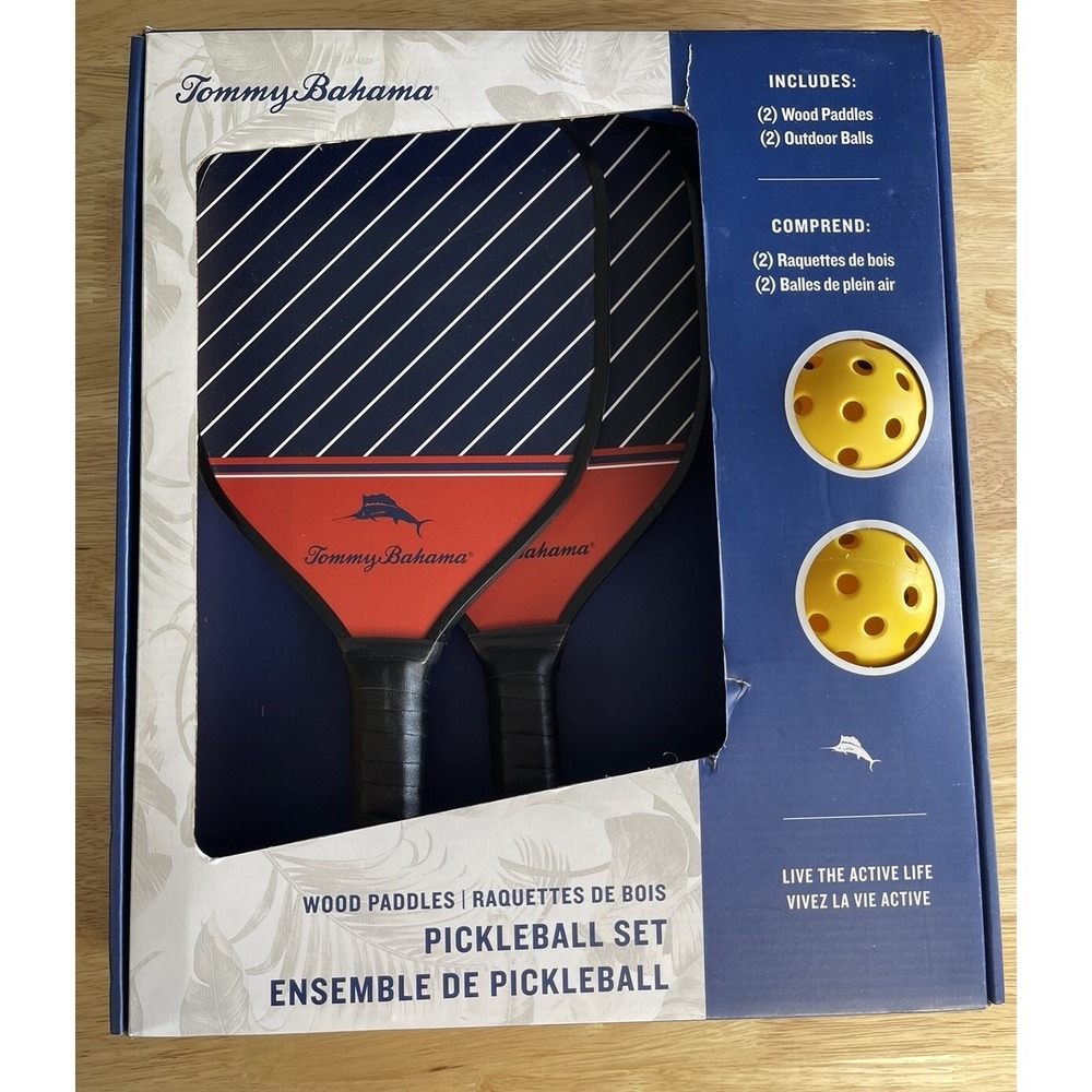 NEW Tommy Bahama Pickleball Set 2-Blue & Red Wooden Paddles 2-Yellow‎ Game Balls